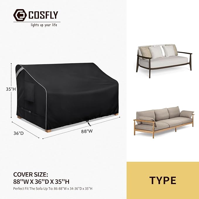 COSFLY Outdoor Patio Sofa Covers Waterproof, Heavy-Duty UV-Resistant Furniture Covers, Adjustable Fit with Buckle Straps, Fits 3-Seater Sofa up to 88"W x 36"D x 35"H ( Black)