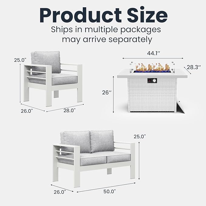 4 Pieces Modern Aluminum Patio Furniture Set with Fire Pit Table, Outdoor Conversation Sets Metal Sectional Sofa