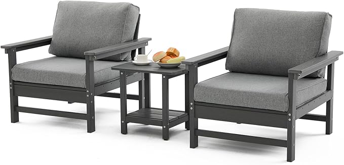 HDPE Outdoor Patio Bistro Set with Cushions, 3 Piece Patio Conversation Set Sofa Set,All Weather Outdoor Couch Set with Coffee Table for Lawn, Garden, Deck