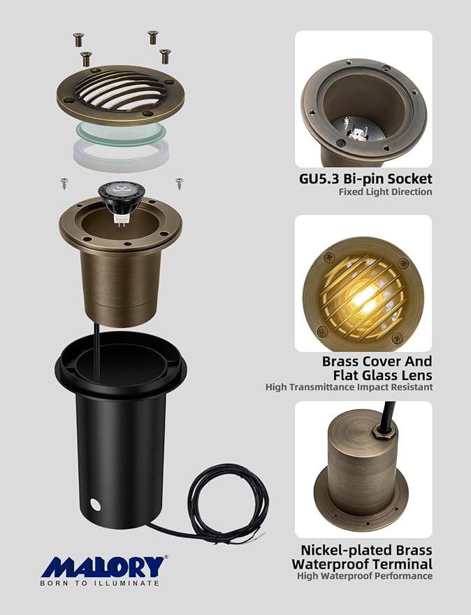 MALORY Brass Landscape Well Lights,（φ99 mm 12V Low Voltage In Ground Lights,Anti-Glare Landscape Lighting with MR16 for Pathway, Driveway (Full Brass -01B, 1-Pack with Bulb)