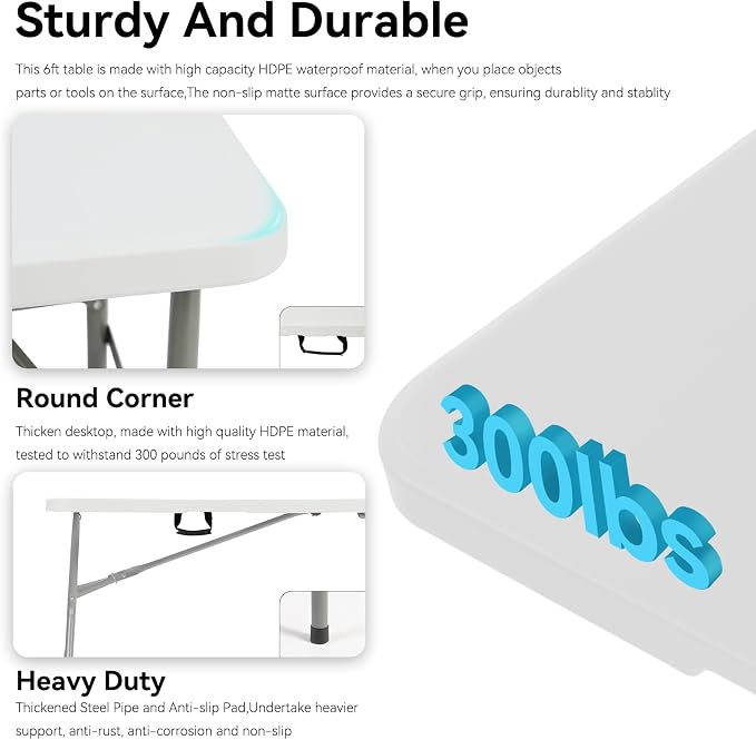 10 Pack of 6 Foot Foldable Table with Built in Handle & Steel Legs ,Heavy Duty Portable ,Perfect for Party, Dining, Wedding, Events, Picnic Indoor, Outdoor, Camping, Utility, Folding(white-10pac)