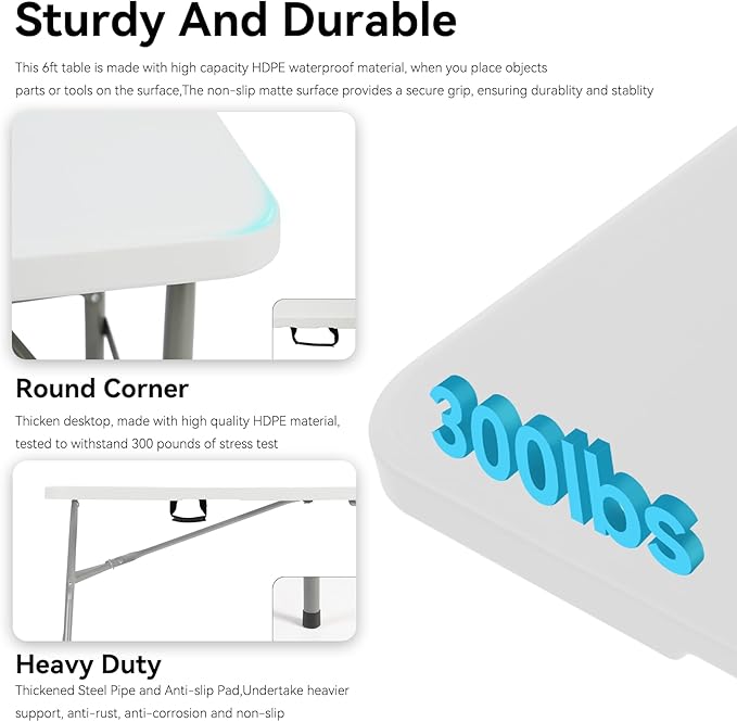 40 Pack of 6 Foot Foldable Table with Built in Handle & Steel Legs ,Heavy Duty Portable ,Perfect for Party, Dining, Wedding, Events, Picnic Indoor, Outdoor, Camping, Utility, Folding(white-40pac)
