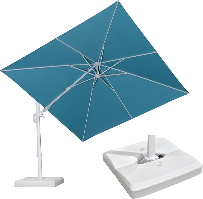 PURPLE LEAF 9' X 12' Right-left Tilt White Cantilever Umbrella with Base Patio Outdoor Swivel Umbrellas with Aluminum Tilt Offset Umbrella with 360° Rotation for Deck Pool, Turquoise