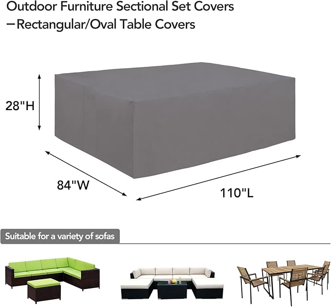 Easy-Going 600D Heavy Duty Patio Furniture Cover, Outdoor Rectangular Table and Chair Set, Waterproof Sectional Set (110"L x 84"W x 28"H, Grey)