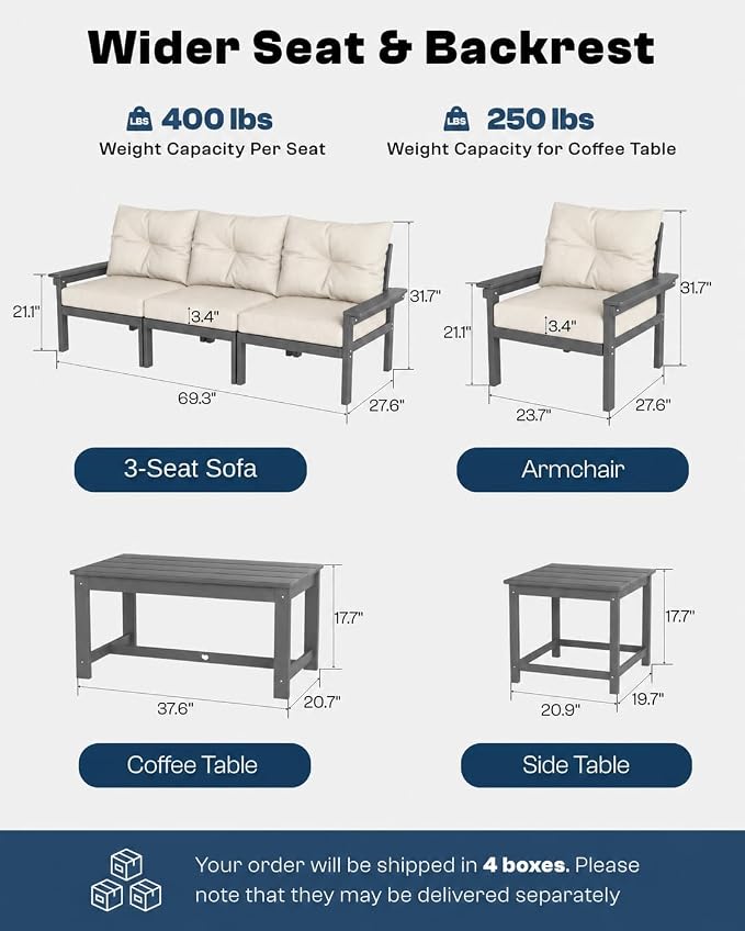 HDPE Outdoor Patio Furniture Set, 10-Piece Patio Conversation Sets with Coffee Table & Beige Washable Thick Cushions, Outdoor Sofa for Garden, Balcony, Porch,(Grey Frame)