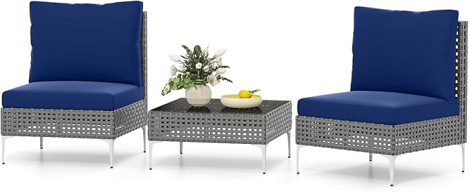 Tangkula 3 Pieces Patio Furniture Set, PE Rattan Conversation Chairs with Tempered Glass Coffee Table, Soft Back & Seat Cushions, Heavy Duty Metal Frame, Outdoor Bistro Set for Garden & Pool