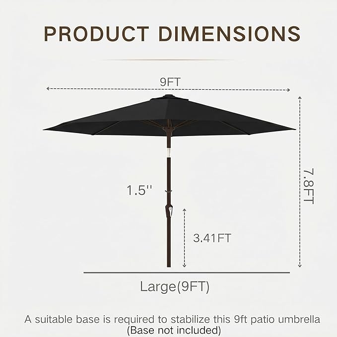 Kingdura 9FT Outdoor Patio Umbrella, Market Table Umbrella with Push Button Tilt and Crank, 8 Sturdy Fiberglass Ribs, UV Protection for Pool, Lawn, Deck, Backyard, Garden (Black)