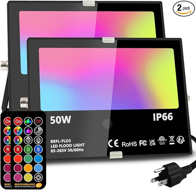 MELPO Led Flood Light Outdoor, 50W RGB Color Changing Landscape Lighting with Remote, Timing - 12 Colors - 4 Modes, IP66 Waterproof, US 3-Plug, (Pack of 2)