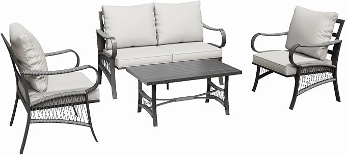 4 Piece Patio Furniture Set, All Weather Outdoor Sectional Sofa Conversation Set with Thick Cushions and Metal Coffee Table for Garden, Porch, Lawn, Beige