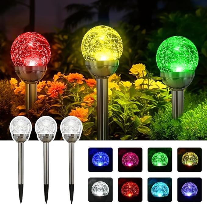 Solar Garden Stake Lights, Color Changing Crackle Glass Globe, Outdoor Pathway Decor, 3-Pack (3)