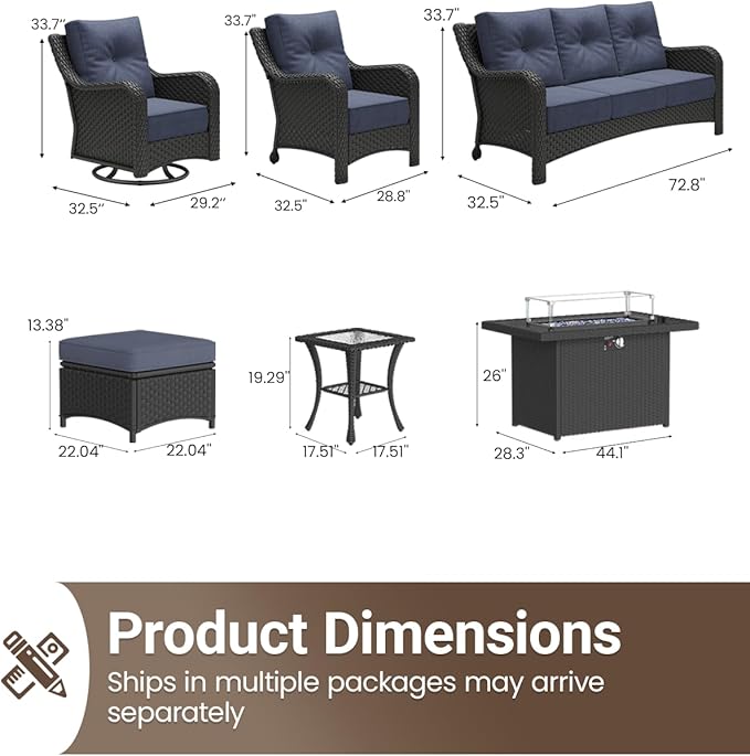 10 Pieces Outdoor Furniture Set with 6-inch Cushions, High Back Wicker Swivel Rocker Chairs with Fire Pit Table, Luxury Conversation Set for Deck Patio and Poolside