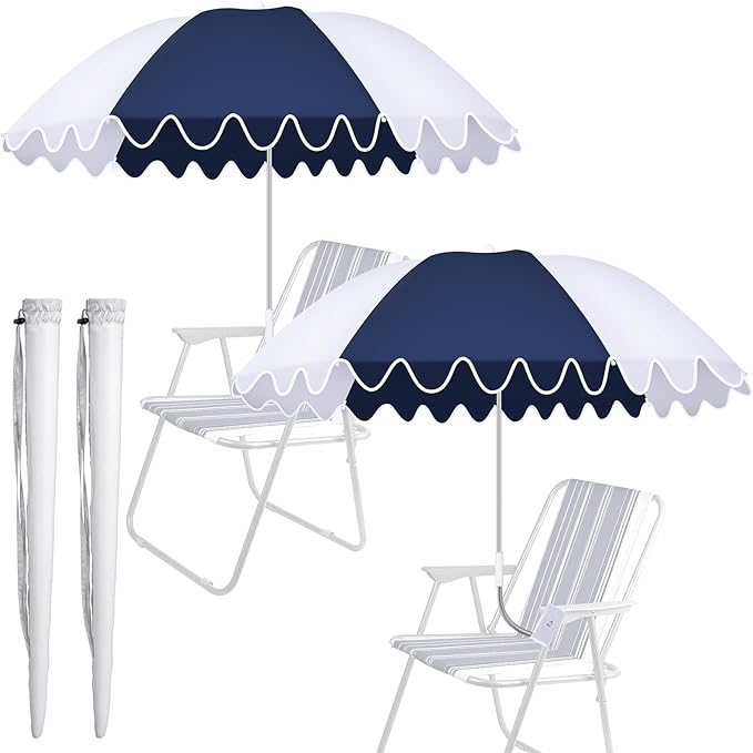 Abbylike 2 Pcs Scalloped Chair Umbrella with Universal Adjustable Clamp 38'' Portable Wheelchair Umbrella UPF 50+ Camping Chair Parasol with Bag for Outdoor Patio Lawn