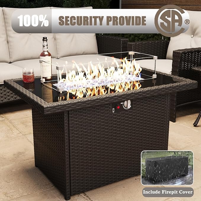 LayinSun 10 Piece Wicker Patio Furniture Set with Fire Pit Table, Classis Outdoor Conversation 360 Degree Swivel Chairs Set with Coffee Table