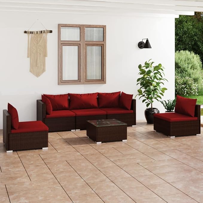 6 Piece Patio Lounge Set with Cushion, Piece Patio Set Furniture Conversation Sets Patio Lounge Set Outdoor Patio Sectional s Poly Rattan Brown