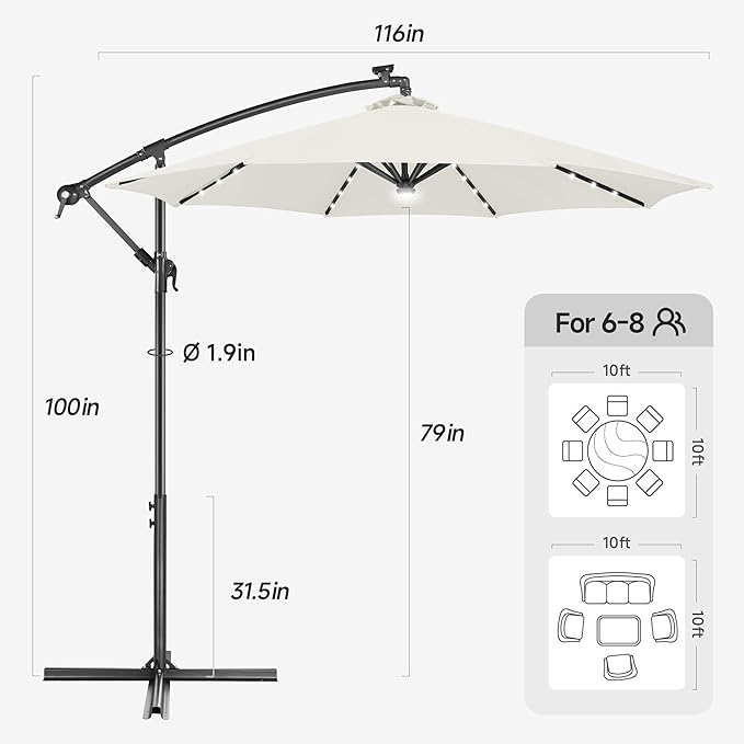 Solar Offset Patio Umbrella - 10 FT Solar Cantilever Umbrella Outdoor with 40 LED Lights and Cross Base, UV Protection for Garden, Deck, Backyard, Pool, Porch, Ivory