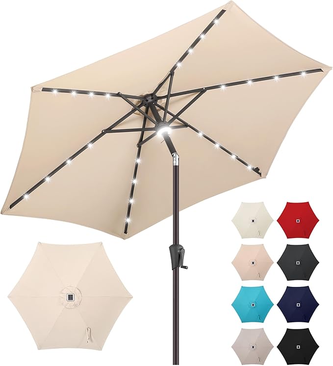 Jarka&Co 7.5ft Solar Patio Umbrella - Lighted Solar Outdoor Umbrella with 24 LED Lights Waterprool UV Protection, Market Table Umbrella with Tilt for Backyard, Garden, Pool, Porch (Beige)