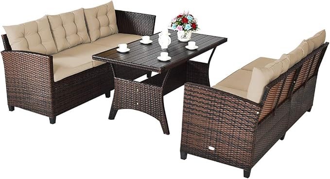 HAPPYGRILL 3 Pieces Wicker Patio Conversation Set, Outdoor Rattan Sofa Set with Cushions, Patio Furniture Set with Coffee Table for Patio Garden Lawn Poolside and Backyard