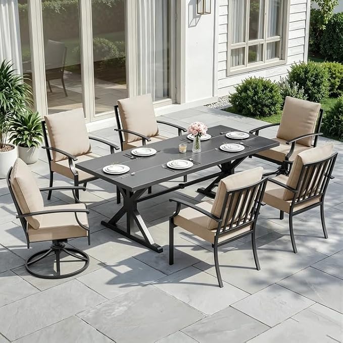ALAULM 7-Piece Patio Dining Set,Outdoor Metal Dining Set with 2 Swivel Chairs & Rectangle Table with 1.5 Umbrella Hole, Patio Dining Table and Chairs for Backyard,Sand