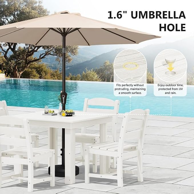 KINGYES 8-Piece HDPE Outdoor Dining Set for 6, Square Patio Table & Armless Chairs with Umbrella Hole, All-Weather Patio Dining Set for Backyard, Garden, Lawn & Poolside, White