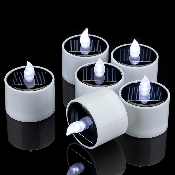 6 Pack Cool White Flickering Outdoor Waterproof Solar Powered Electric Candles, Solar LED Rechargeable Flameless Votive Candles, Flicker Battery Tea Lights Bulk for Outside Table Home Decor