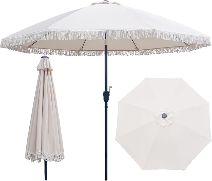 9FT Outdoor Patio Umbrella with Fringe Tassel, Table Umbrella with Aluminum Pole & 8 Fiberglass Ribs, 180G Waterproof Polyester Fabric, Ideal for Patio, Backyard, Deck, Off White
