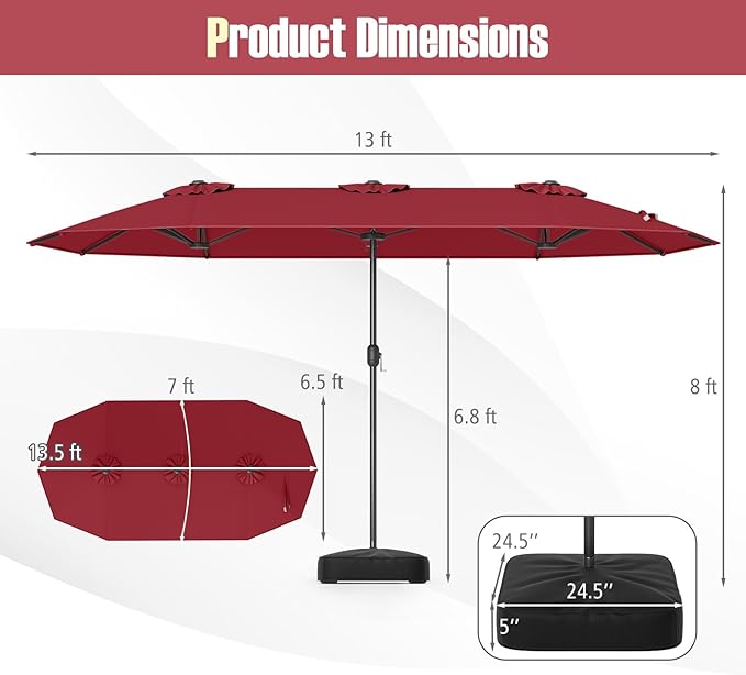 Tangkula 13FT Double-sided Patio Umbrella, Extra Large Twin Table Umbrella with Crank Handle, Umbrella Base, Safety Lock, Air Vent, Outdoor Market Umbrella for Garden Pool Backyard (Burgundy)