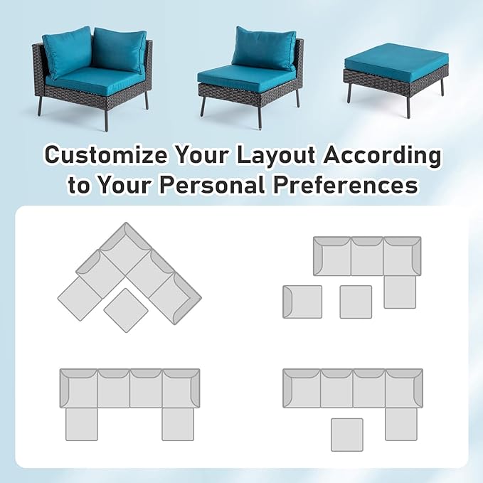 Outvita 6 Pieces Patio Furniture Set, All-Weather Outdoor Sectional Patio Sofa PE Rattan Manual Weaving Wicker Conversation Set with Ottoman & Adjustable Feet & Pillow & Seat Cushion, Green & Black