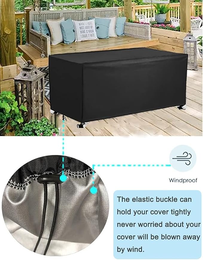 Deck Box Cover 420D Outdoor Patio Waterproof Oxford Fabric Coated with Silver Dustproof Deck Storage Box Protector with Elastic Buckles on All 4 Corners Wheels Protect from Wind Rain Snow Black