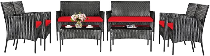 HAPPYGRILL 8 Piece Patio Furniture Set Rattan Wicker Conversation Set with Tempered Glass Top Table, Outdoor Wicker Sofa Set with Removable Cushions for Poolside Garden Backyard