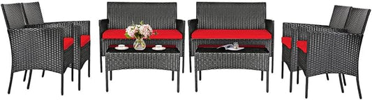 HAPPYGRILL 8 Piece Patio Furniture Set Rattan Wicker Conversation Set with Tempered Glass Top Table, Outdoor Wicker Sofa Set with Removable Cushions for Poolside Garden Backyard