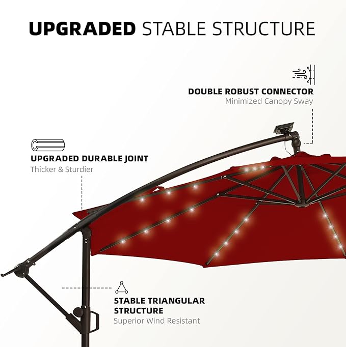 wikiwiki 10FT Solar Patio Offset Umbrella Outdoor Cantilever Umbrella Hanging Umbrellas with Weighted Base, Market Patio Umbrella for Backyard, Garden & Deck, Burgundy