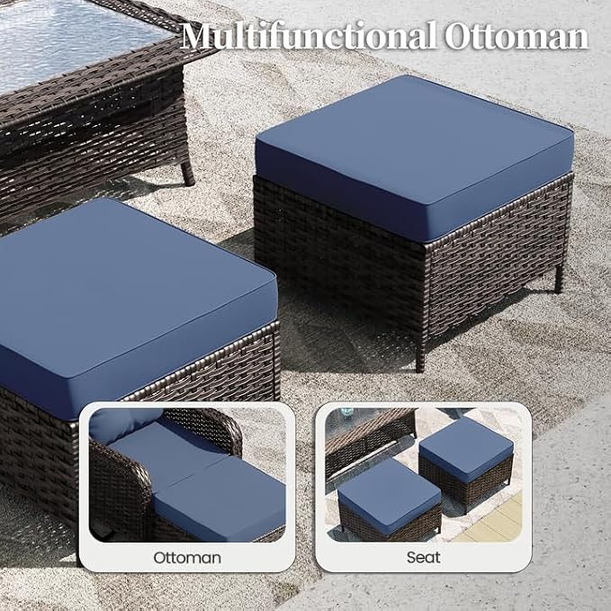ALAULM 7 Pieces Patio Furniture Set,High Back Wicker Outdoor Sectional Furniture Set with Swivel Chairs & Coffee Table, Patio Conversation Set Thick Cushion for Backyard, Deck, Porch-Navy