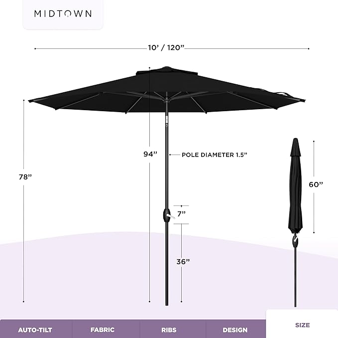 Midtown Umbrellas - 10-Year-No-Fade 10 Ft Patio Umbrella with Terylast Fabric, Auto-Tilt Aluminum Frame and 8 Reinforced Ribs for Deck, Pool, Garden & Beach - Ebony Black Canopy, Black Pole