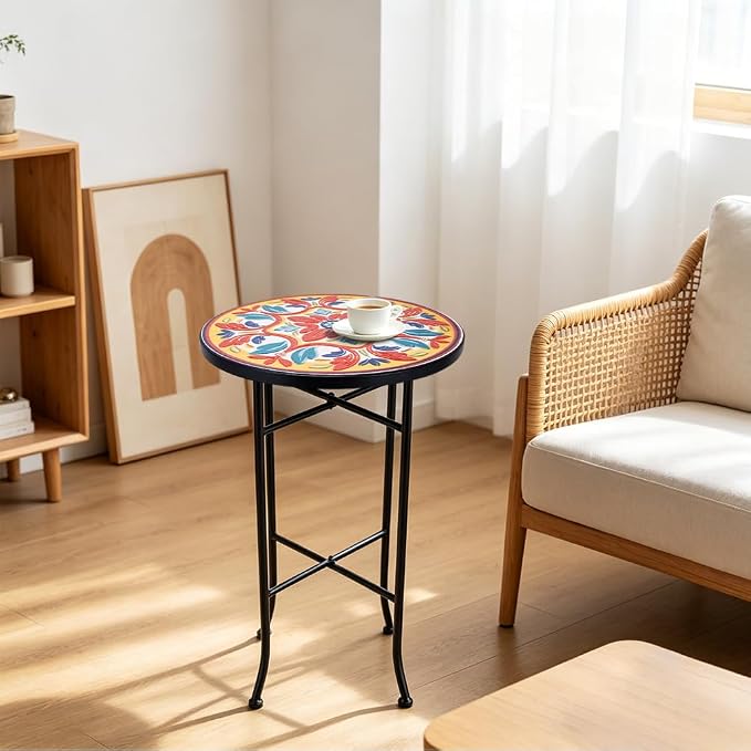 14 Inch Mosaic Patio Side Table with X-Straight Legs, Indoor Outdoor Accent Round End Table with Ceramic Tile Tops for Yard, Garden, Living Room, Bistro, A - Med. Floral Pattern