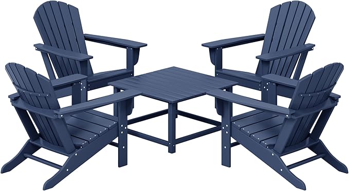 Costaelm Patio Conversation Set, Patio Chairs Set of 5 Balcony Firepit Furniture Outdoor Adirondack Square Table and Chair Backyard Furniture Set for Lawn Porch Pool Garden, Navy Blue