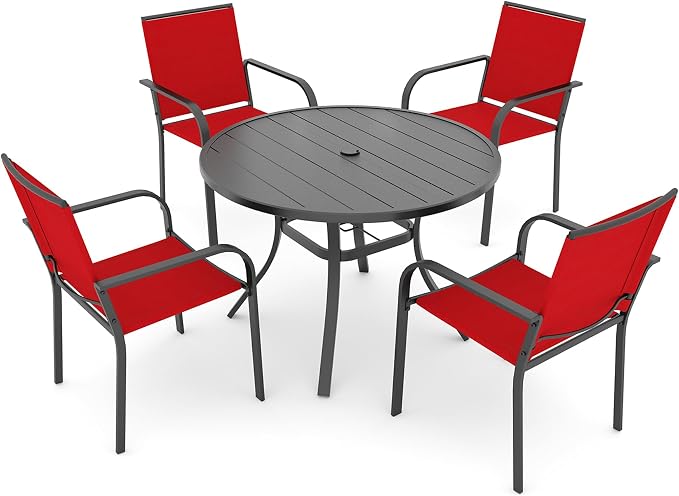 Anmutig 5 Piece Patio Dining Set 41 Inch Round Table Stackable Chairs Red | Powder-Coated Steel Frame, Quick-Dry Textilene Mesh, Dual-Size Umbrella Hole, Weather Resistant, Patio, Garden, Backyard
