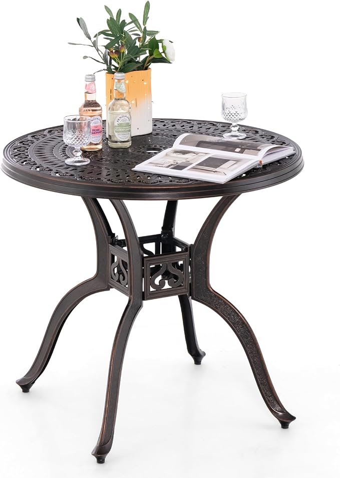 Giantex 31.5" Patio Bistro Table, Cast Aluminum Table Side Table with 2" Umbrella Hole & Adjustable Footpads, All-Weather Metal Outdoor Round Dining Table for Porch, Backyard
