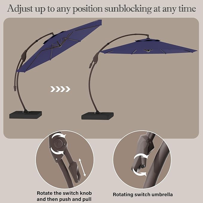 Cantilever Umbrella with Heavy-Duty Base, Outdoor Large Round Aluminum Offset Umbrella for Patio Garden Backyard, UV-Resistant Waterproof Canopy, 360° Rotation & Tilt Adjustment