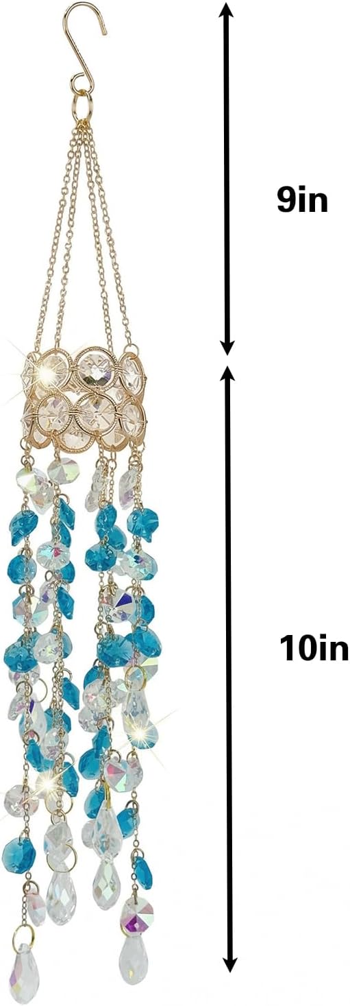 Crystal Suncatchers for Window Hanging Decor, Prism Rainbow Maker with Chain & Hook, Ornament for Ceiling, Garden, Home, Indoor & Outdoor Decoration, Blue