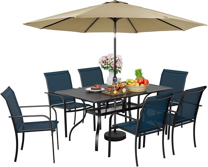Incbruce 8 Pieces Patio Dining Set with Brown Umbrella, Outdoor Dining Set of 6 Textilene Chairs and Rectangle Table with Umbrella Hole for Backyard, Garden, and Poolside (Blue)