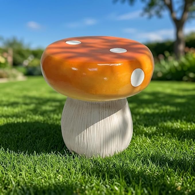 13.8" Mushroom Resin Stool, Novelty Fruit Side Table & Plant Stand, Whimsical Indoor Outdoor Garden Patio Decor, No Assembly Required (Orange Mushroom)