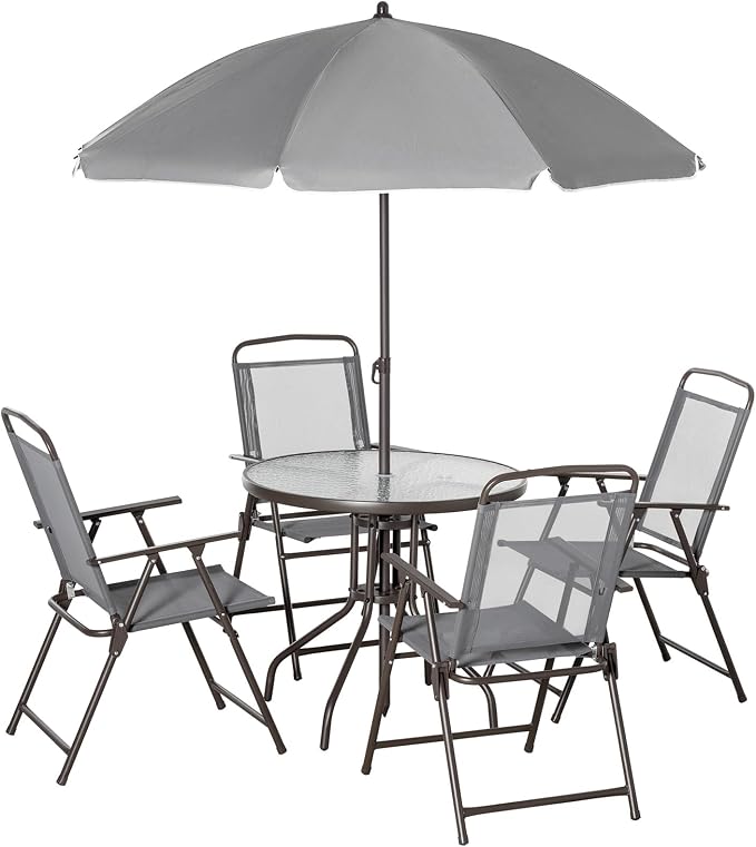 6-Piece Patio Dining Set for 4 with Umbrella, Outdoor Table and Chairs Set with 4 Folding Chairs, Round 31.5" Tempered Glass Table for Garden Backyard Poolside, Gray