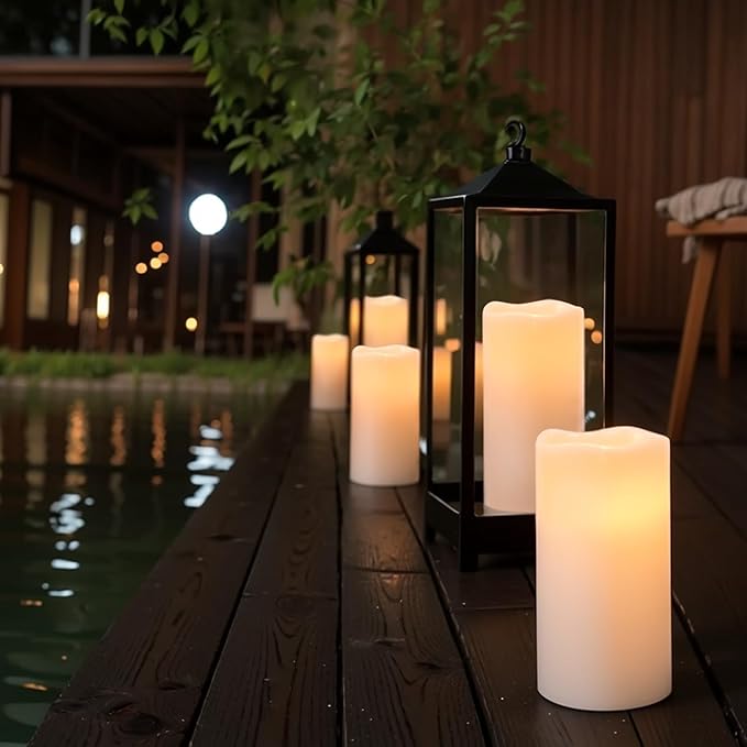 Outdoor Indoor Waterproof Flameless Candles Flickering with Remote Timer, White LED Pillar Candles Battery Operated Pack of 2, Long Lasting Electric Candles Lanterns Cream Φ 4" H 8” 8”