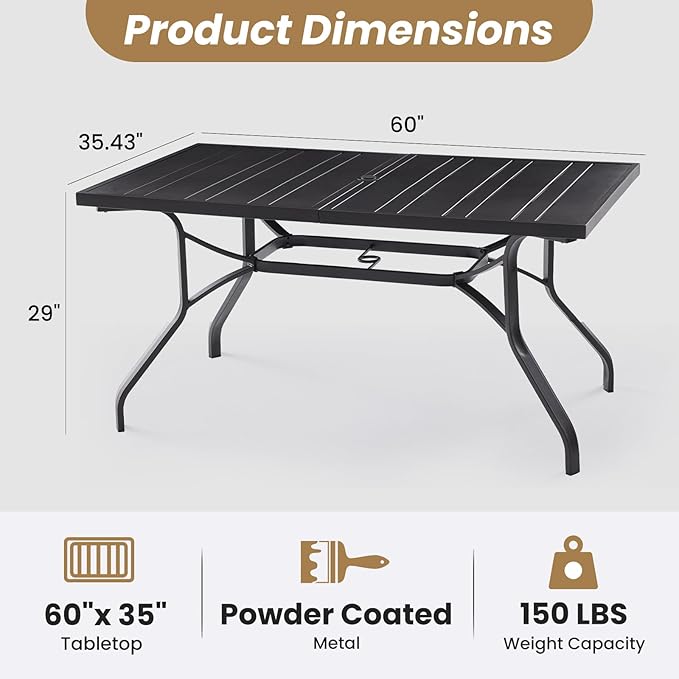 Soohow Outdoor Dining Table 60"x35", Rectangle Patio Dining Table with 1.57" Umbrella Hole, Outdoor Metal Furniture for Patio, Graden, Backyard and Poolside, Weather-Resistant