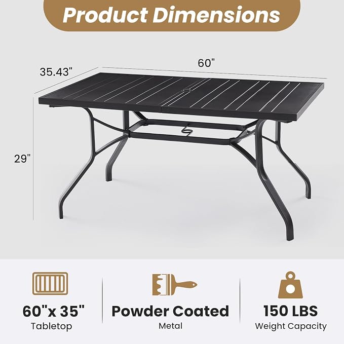 Soohow Outdoor Dining Table 60"x35", Rectangle Patio Table with 1.57" Umbrella Hole, Outdoor Metal Tables for Patio, Graden, Backyard and Poolside, Weather-Resistant