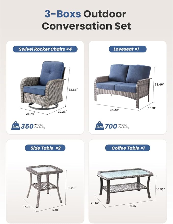8-Piece Outdoor Patio Furniture Set with Swivel Chairs, Outdoor Conversation Wicker Sofa with Coffee Table, Rattan Couch for Deck Yard Poolside, Blue