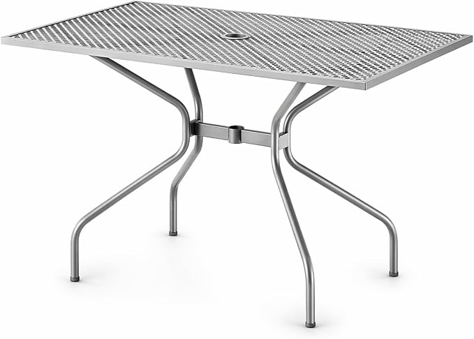 Rectangular Outdoor Dining Table, Black, Steel Mesh Top, Powder-Coated, 30x48 Inch, with Umbrella Hole, Seats 4, Standard Height (Gray, Steel mesh, Assembly Required)