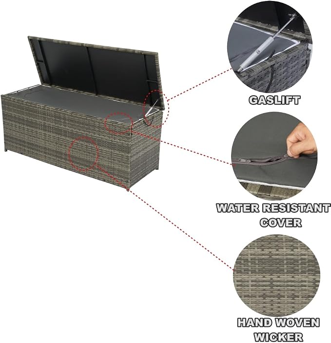 113 Gallon Outdoor Storage Box, Wicker Deck Box with Lid for Cushions, Toys, Towels, and Patio Supplies