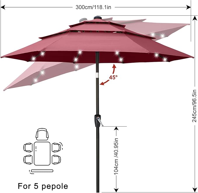 ABCCANOPY 10FT 3-Tiers Solar Led Patio Umbrellas (Burgundy)