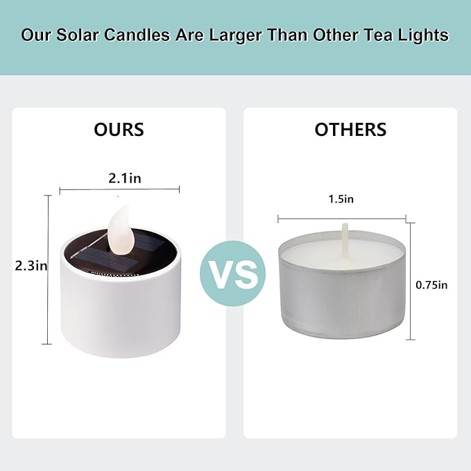 Solar Tea Lights Outdoor Waterproof - 6 Pack Flameless Flickering Solar Candles Reusable LED Tea Light Candles Rechargeable Dusk to Dawn Lighting for Lanterns Garden Camping Home Decor, 2.3''x2.1''